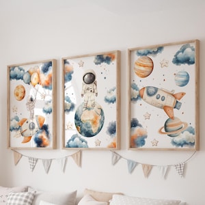 Set of 3 Space Prints, Planets Wall Art Set, Astronaut Posters, Modern Art, Rockets Kids Bedroom Decor, Boy Nursery Decor, Playroom Prints