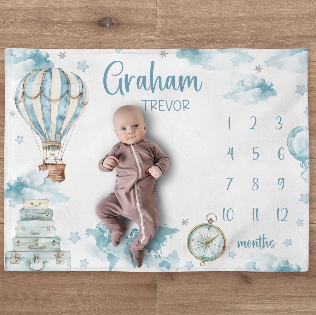 Hot Air Balloon Milestone Blanket, Personalized Baby Boy Month Blanket ...