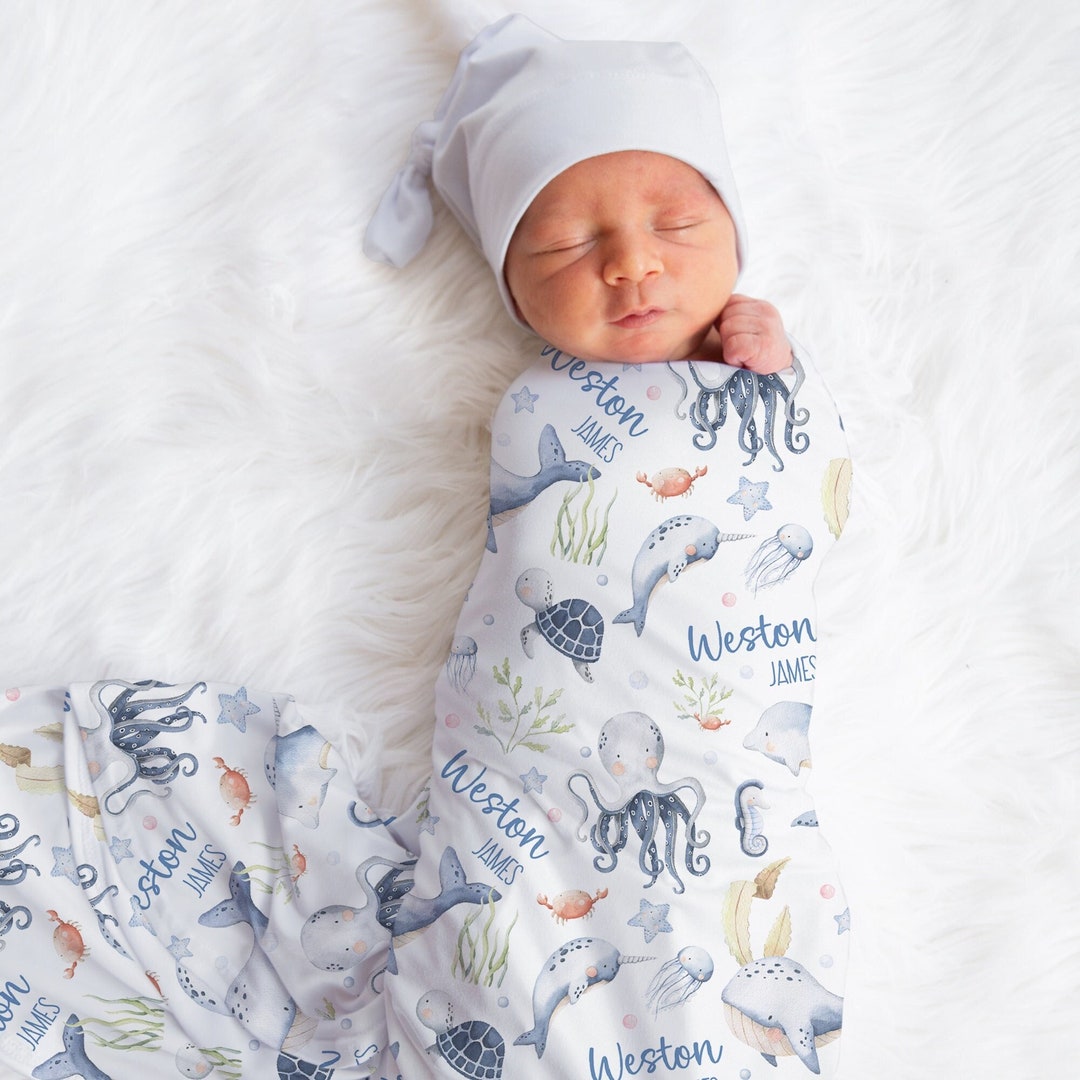 Sea Animals Name Swaddle, Turtle Swaddle, Custom Ocean Blanket