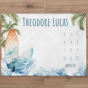 Surfboard Milestone Blanket Personalized Baby Boy Month Blanket Waves Nursery Custom Age Newborn Calendar Tracker New Mom Baby Shower Gift