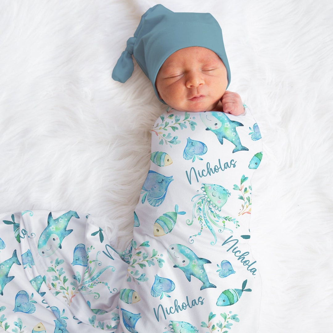 Custom Ocean Baby Name Blanket Personalized Blue Shark Swaddle Hospital ...