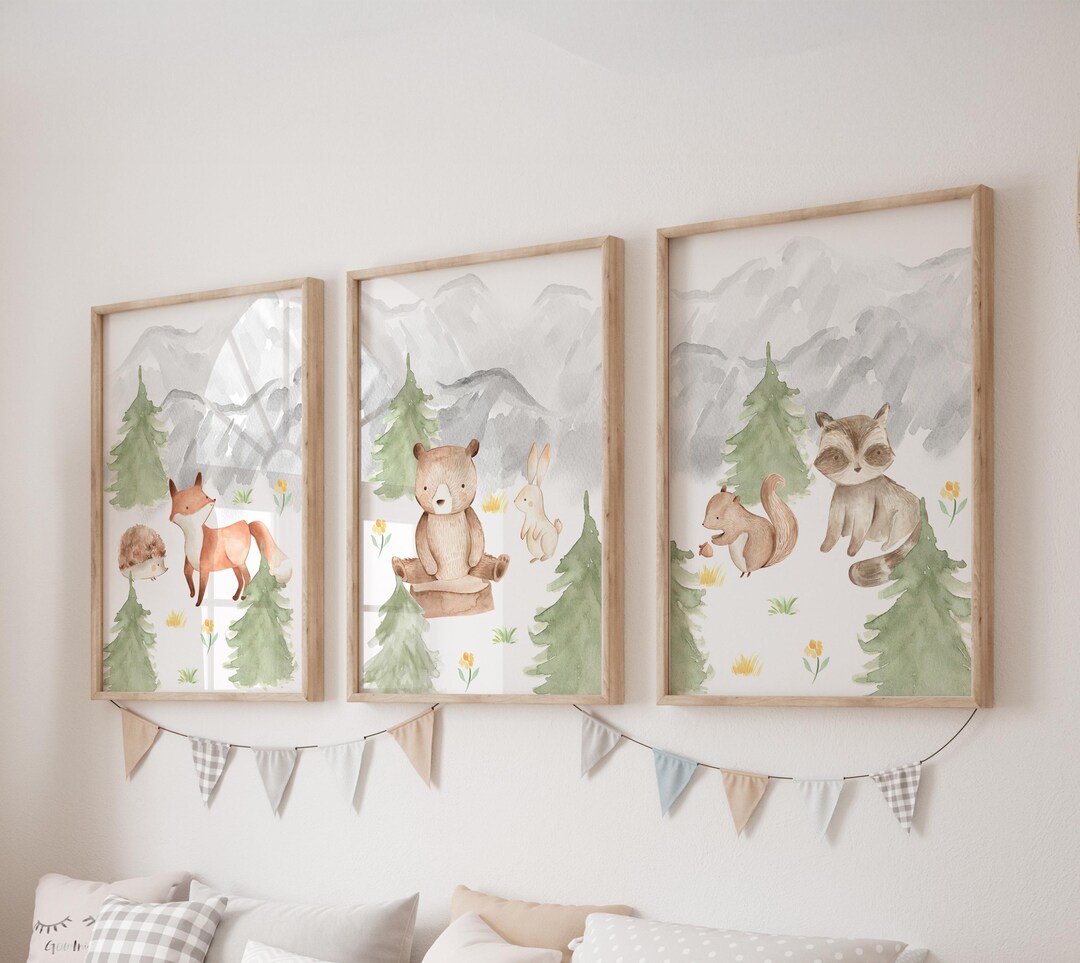 Set of 3 Racoon Prints, Hedgehog Wall Art Set, Squirrel Posters, Modern ...