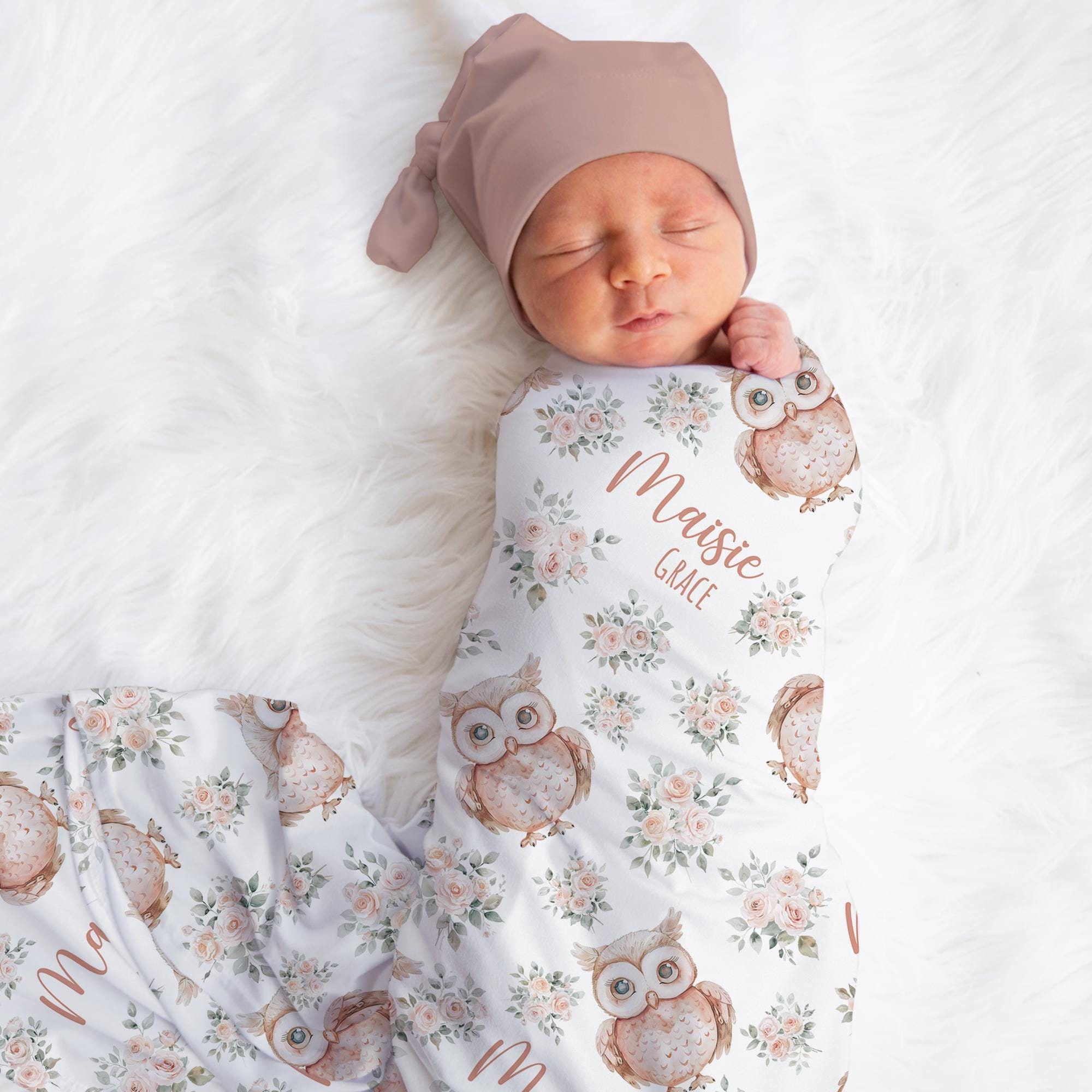 Personalized Owl Swaddle Blanket Woodland Name Baby Blanket Flowers Newborn Baby Girl Coming Home Ou