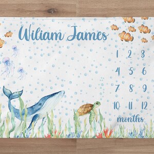 Baby Boy Ocean Milestone Blanket, Under the Sea Baby Name Blanket ...