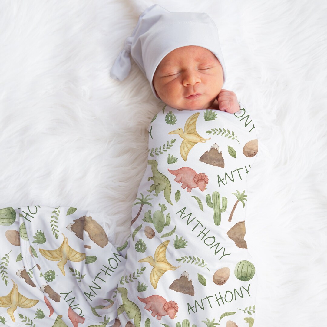 Personalized Dinosaur Swaddle, Custom Baby Boy Dinosaurs Name Blanket