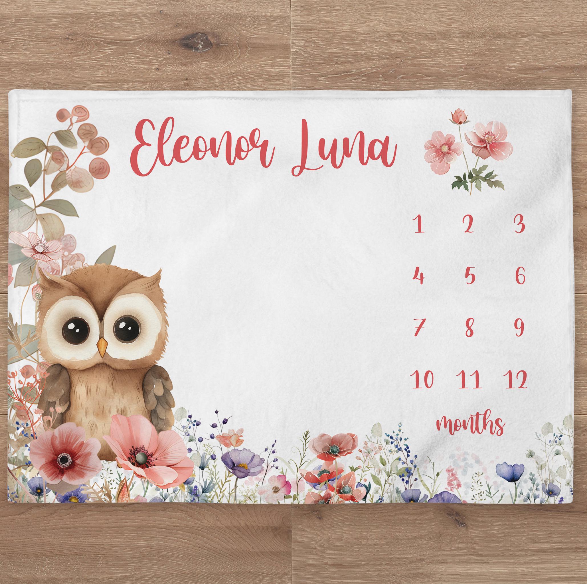 Floral Owl Milestone Blanket Personalized Baby Girl Month Blanket Wildflowers Nursery Custom Newborn