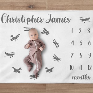 Airplane Baby Milestone Blanket, Custom Adventure Milestone Blanket, Aviation Blanket, Pilot Blanket Airplane Nursery, Baby Shower Gift