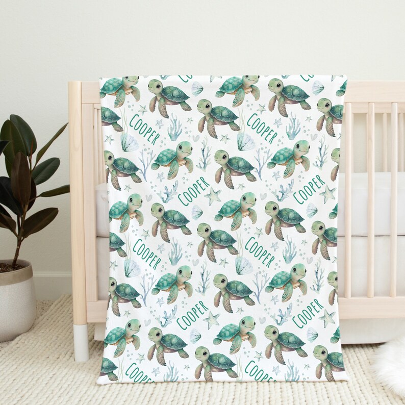 Custom Turtle Baby Name Blanket Personalized Ocean Animal Swaddle ...