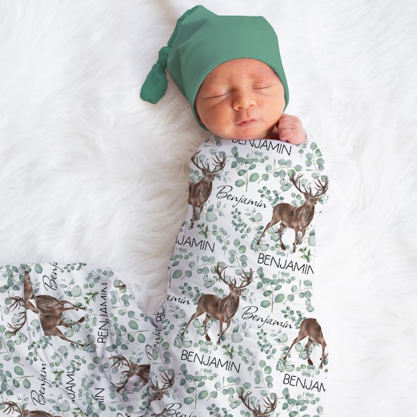 Custom Buck Swaddle Blanket | Personalized Baby Boy Deer Name Blanket | New Mom Gift | Newborn Gift | Woodland Baby Shower