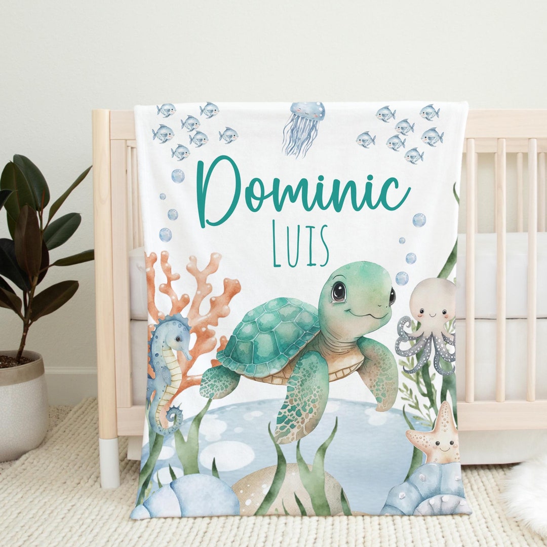 Personalized Ocean Baby Boy Name Blanket Custom Sea Turtle Nursery New ...
