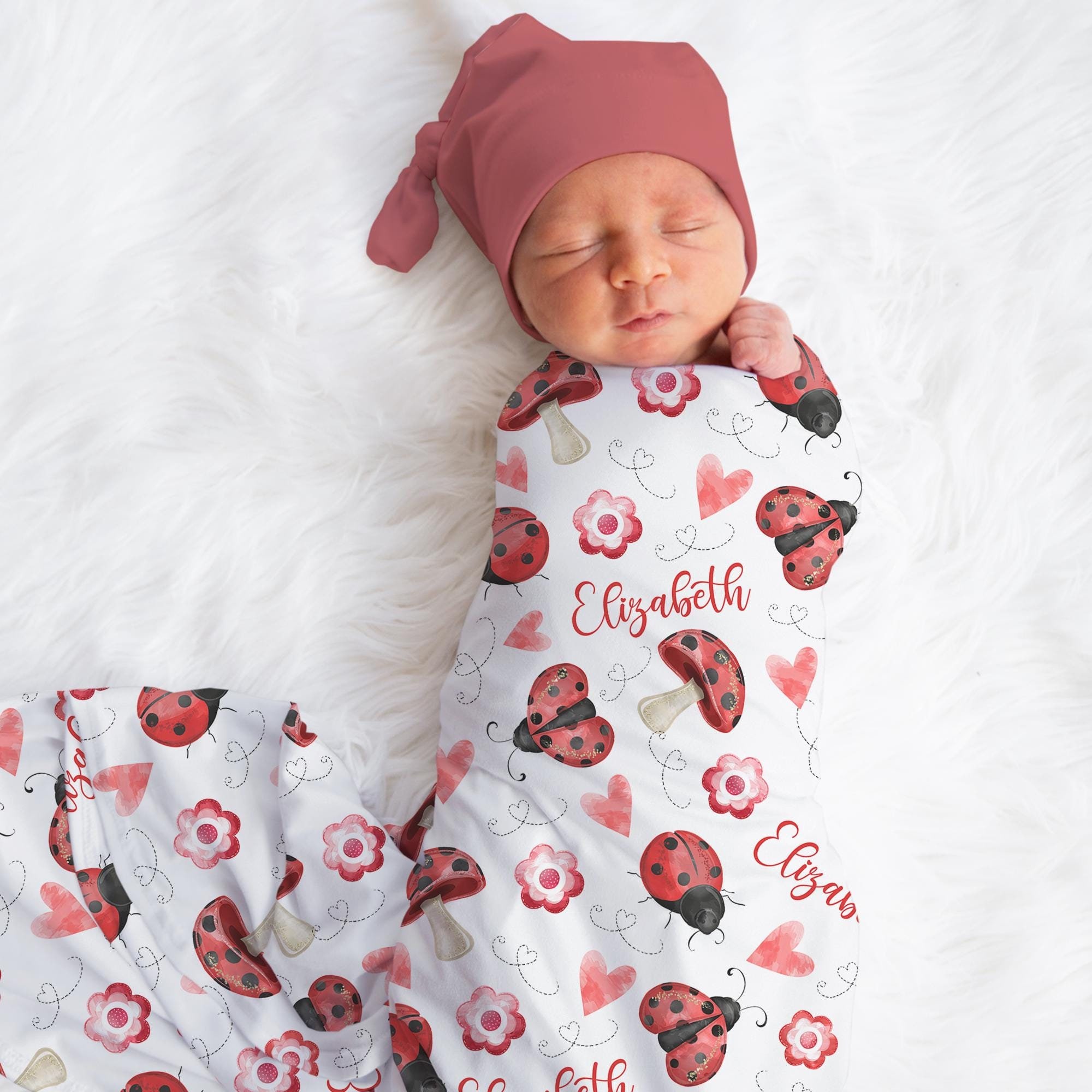 Personalized Ladybug Swaddle Blanket Flowers Name Baby Blanket Newborn Baby Girl Coming Home Outfit Hospital Photo Outfit Baby Shower Gift