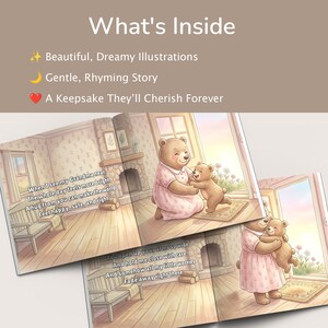 K&ouml;nnte beinhalten: Offenes Buch mit Illustrationen von sich umarmenden B&auml;ren. Der Text "What's Inside" steht oben, mit Aufz&auml;hlungspunkten: "Beautiful, Dreamy Illustrations", "Gentle, Rhyming Story" und "A Keepsake They'll Cherish Forever". Die Seiten zeigen einen B&auml;ren in einem rosa Kleid, der einen kleineren B&auml;ren umarmt.