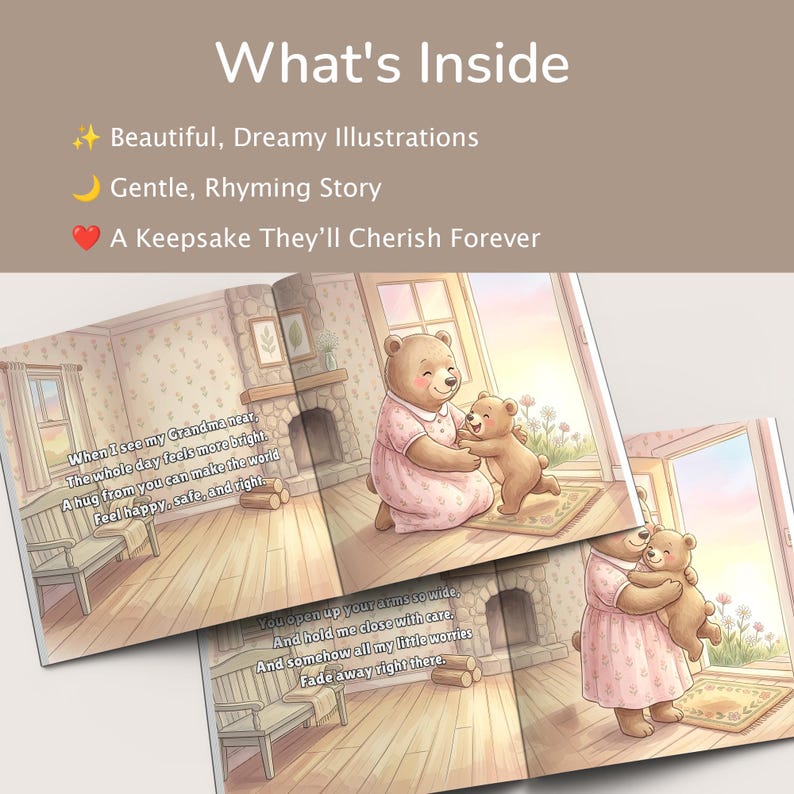 K&ouml;nnte beinhalten: Offenes Buch mit Illustrationen von sich umarmenden B&auml;ren. Der Text "What's Inside" steht oben, mit Aufz&auml;hlungspunkten: "Beautiful, Dreamy Illustrations", "Gentle, Rhyming Story" und "A Keepsake They'll Cherish Forever". Die Seiten zeigen einen B&auml;ren in einem rosa Kleid, der einen kleineren B&auml;ren umarmt.