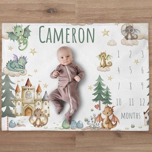 Personalized Dragon Baby Boy Milestone Blanket | Fairy Tale Name Blanket | New Baby Gift |  Custom Dragon Theme Nursery | Baby Shower Gift