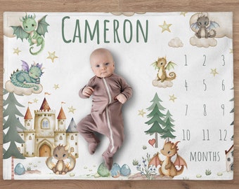 Personalized Dragon Baby Boy Milestone Blanket | Fairy Tale Name Blanket | New Baby Gift |  Custom Dragon Theme Nursery | Baby Shower Gift