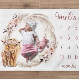 Boho Milestone Blanket, Custom Highland Cow Girl Blanket, Personalized Pampas Leaves Baby Month Blanket, Newborn Gift, Boho Baby Shower Gift
