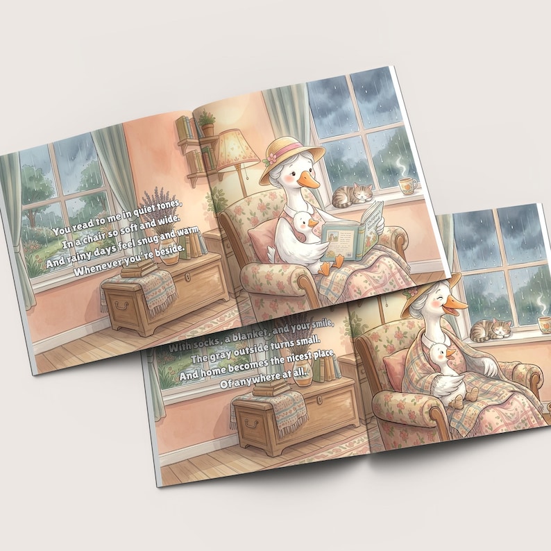 K&ouml;nnte beinhalten: Aquarellillustration einer Gans, die in einem gem&uuml;tlichen Sessel ein Buch liest, mit einer kleineren Gans. Die Szene zeigt ein regnerisches Fenster, eine Katze und den Text: "You read to me in quiet tones..."