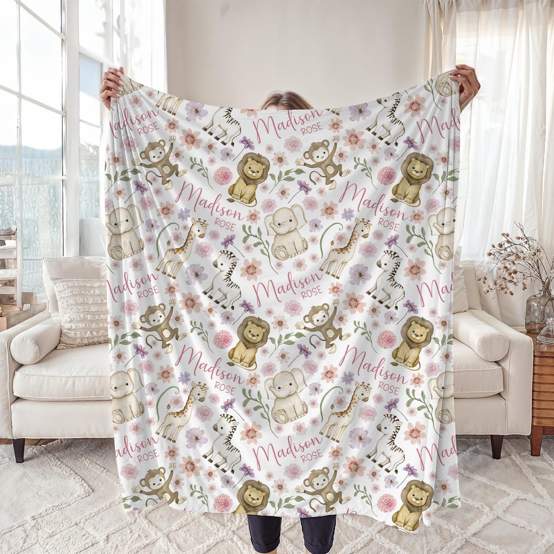 Safari Nursery Lion Baby Blanket, Personalized Giraffe Name Swaddle ...