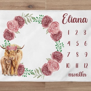 Highland Cow Milestone Blanket, Farm Girl Blanket, Personalized Floral Wreath Baby Girl Month Blanket, Newborn Gift, Baby Shower Gift