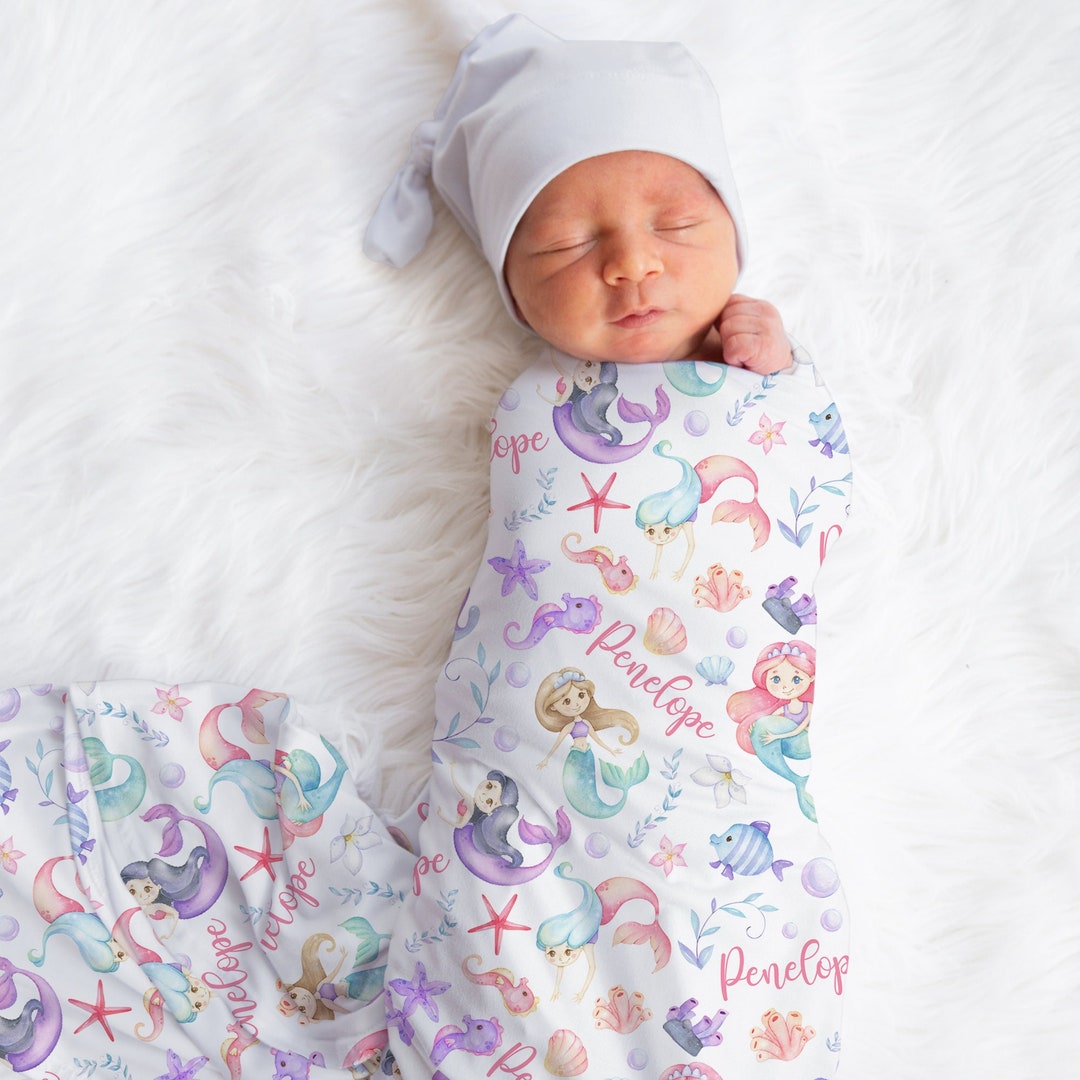Custom Mermaids Baby Name Blanket, Personalized Baby Girl Ocean Swaddle
