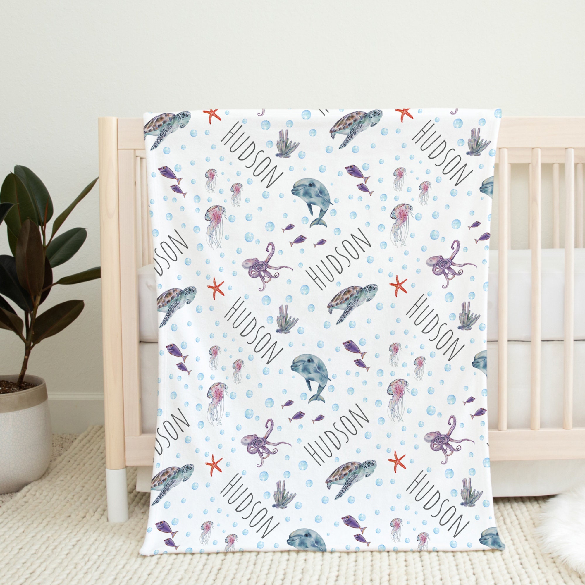 Custom Sea Animals Baby Name Blanket Personalized Baby Turtle Etsy
