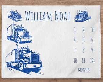 Truck Milestone Blanket Personalized Semi Truck Baby Boy Month Blanket Trucker Nursery Custom Age Newborn Calendar  New Mom Baby Shower Gift
