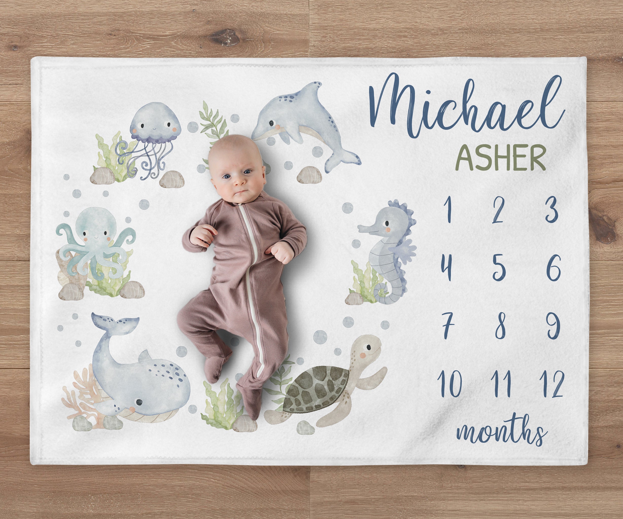 Baby Boy Ocean Milestone Blanket, Under the Sea Baby Name Blanket ...