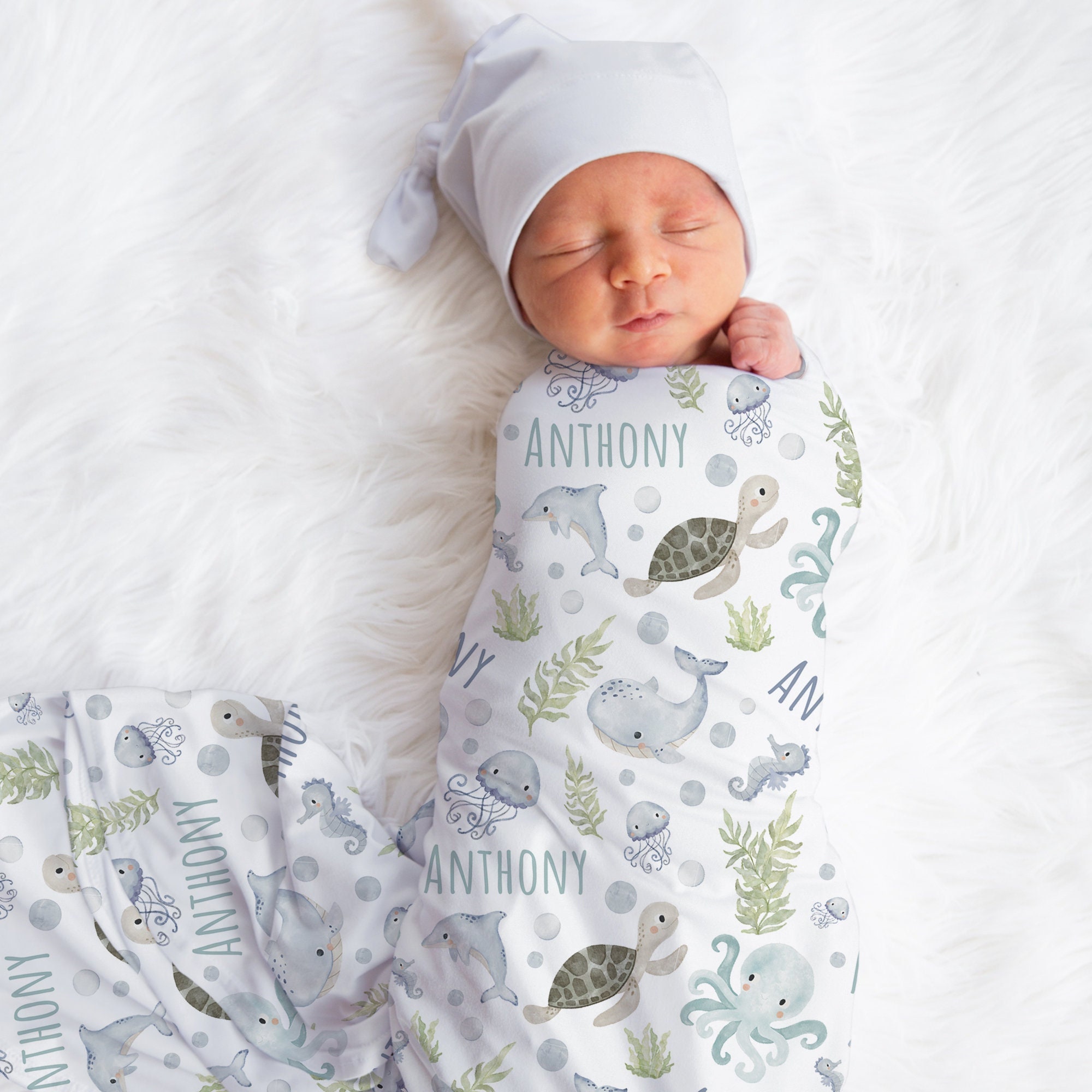 Custom Sea Animals Blanket, Boy Ocean Name Swaddle, Personalized Whale ...