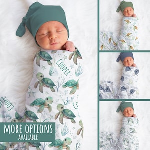 Custom Turtle Baby Name Blanket Personalized Ocean Swaddle Hospital Blanket New Mom Gift Newborn Gift Baby Shower Gift Toddler Blanket