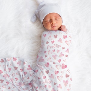 Custom Pink Hearts Baby Girl Name Swaddle | Personalized Baby Valentines Blanket | New Mom Gift | Newborn Gift | Valentines Baby Shower Gift