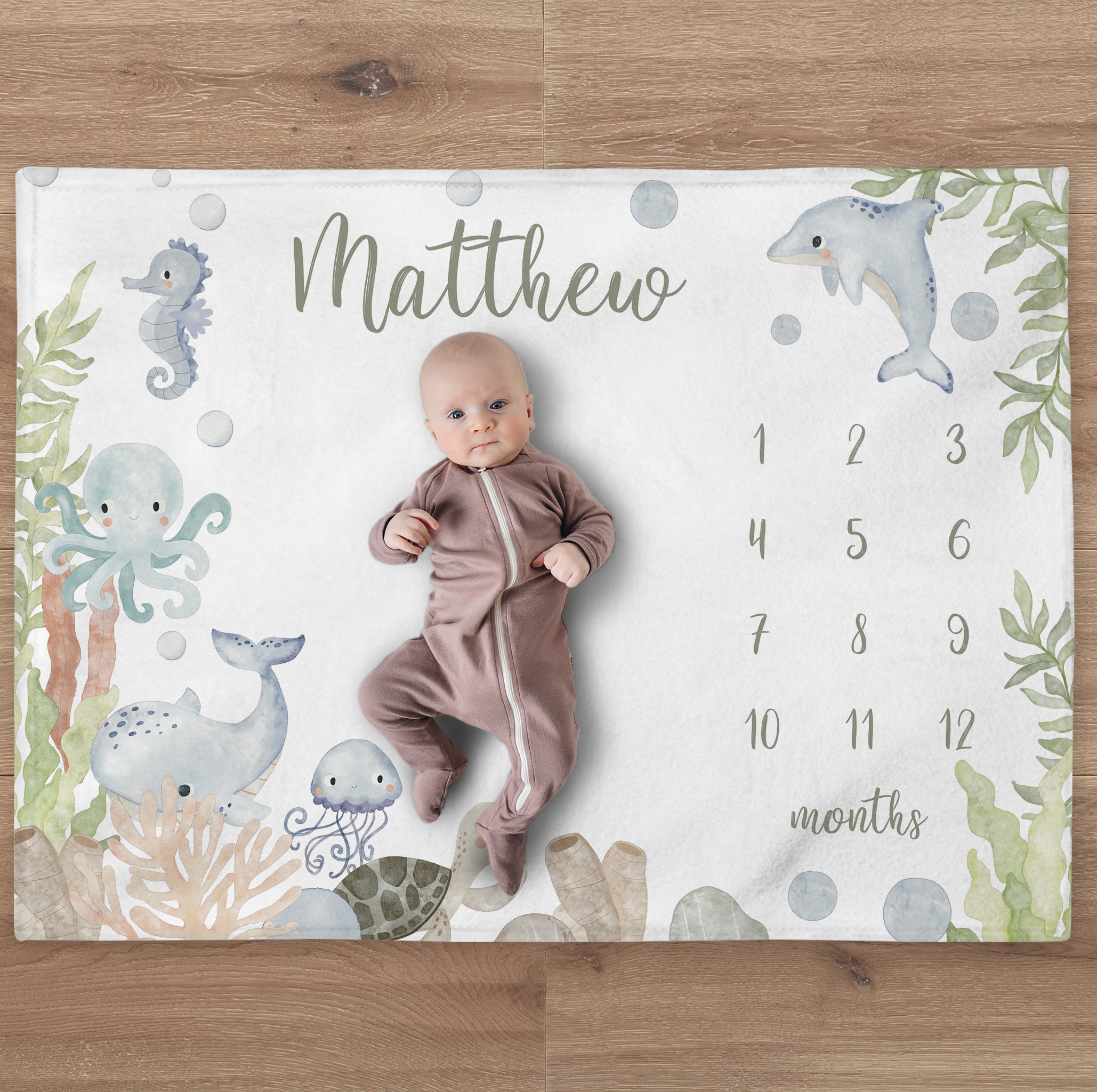 Ocean Milestone Blanket, Custom Baby Boy Green Sea Turtle Baby Name Blanket, Personalized Underwater Whale Dolphin Blanket Baby Shower Gift