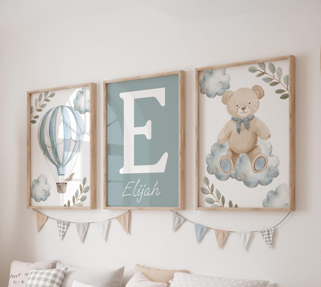 Custom Teddy Bear Prints, Set of 3 Hot Air Balloon Nursery Wall Art ...
