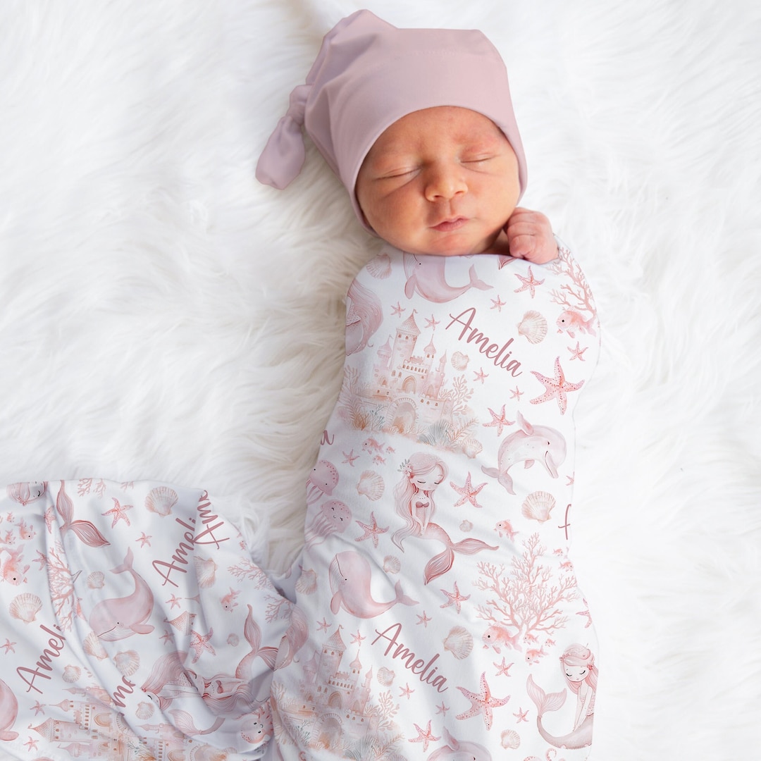 Personalized Pink Mermaids Swaddle Blanket Ocean Whale Sea Castle Name