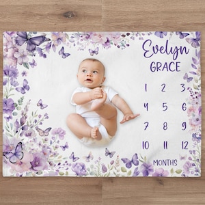 Purple Flowers Milestone Blanket, Personalized Baby Girl Month Blanket, Nursery Custom Newborn Growth Tracker, New Mom Baby Shower Gift