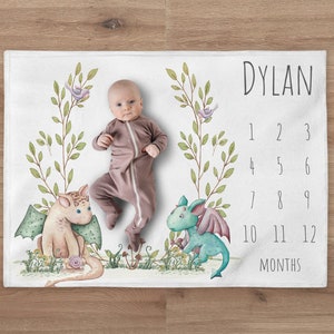 Personalized Dragon Baby Boy Milestone Blanket | Fairy Tale Name Blanket | New Baby Gift |  Custom Dragon Theme Nursery | Baby Shower Gift