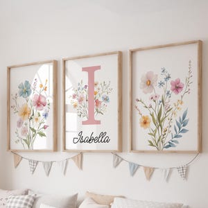 Custom Floral Prints, Set of 3 Wildflowers Nursery Wall Art, Boho Flowers, Baby Girl Nursery Decor, Watercolor Print, Personalized Name Sign