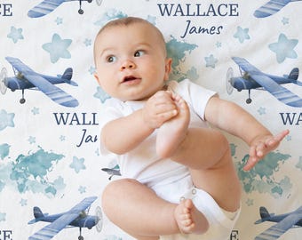 Custom Airplane Baby Name Blanket Personalized Aviation Swaddle Hospital Blanket New Mom Gift Newborn Gift Baby Shower Gift Toddler Blanket