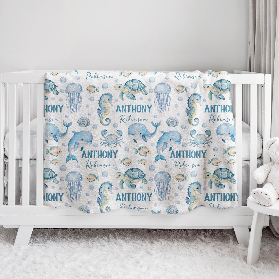 Sea Turtle Nursery Baby Name Blanket, Personalized Blue Ocean Swaddle ...