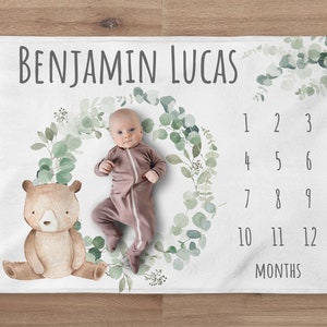 Bear Milestone Blanket, Custom Woodland Blanket, Personalized Greenery Baby Boy Month Blanket, Newborn Gift, Woodland Baby Shower Gift