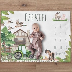Custom Tractor Baby Milestone Blanket | Personalized Duck & Airplane Boy Month Blanket | New Mom Gift | Newborn Gift | Farm Baby Shower Gift