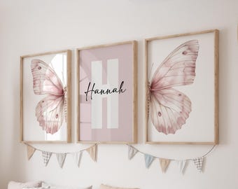 Custom Butterfly Prints, Set of 3 Pink Butterfly Nursery Wall Art, Boho, Baby Girl Nursery Decor, Watercolor, Personalized Name Sign