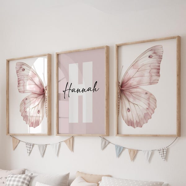 Custom Butterfly Prints, Set of 3 Pink Butterfly Nursery Wall Art, Boho, Baby Girl Nursery Decor, Watercolor, Personalized Name Sign