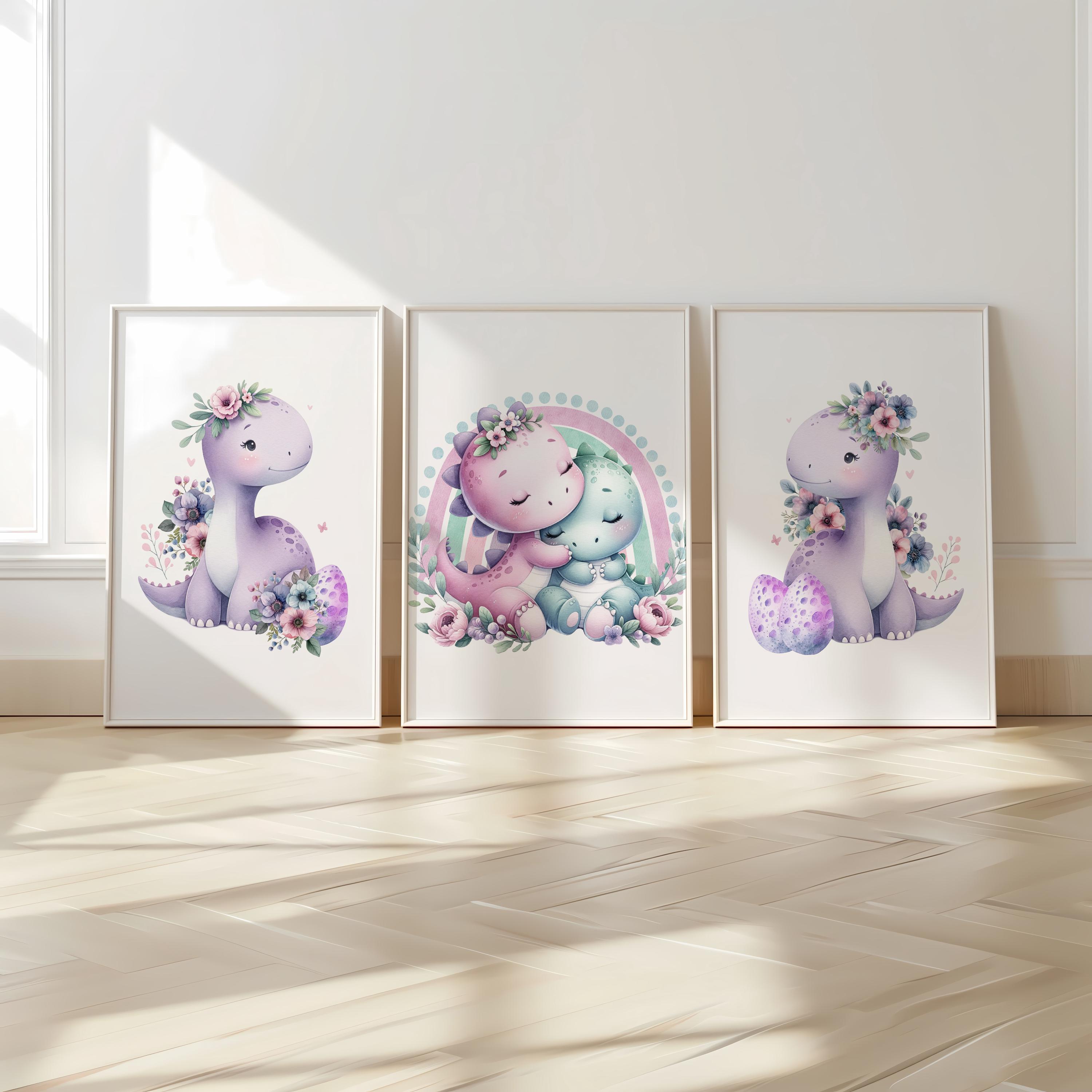 Juego de 3 láminas de dinosaurios morados, arte mural arcoíris, pósteres florales, arte moderno, decoración para dormitorio infantil, habitación infantil, láminas para sala de juegos.
