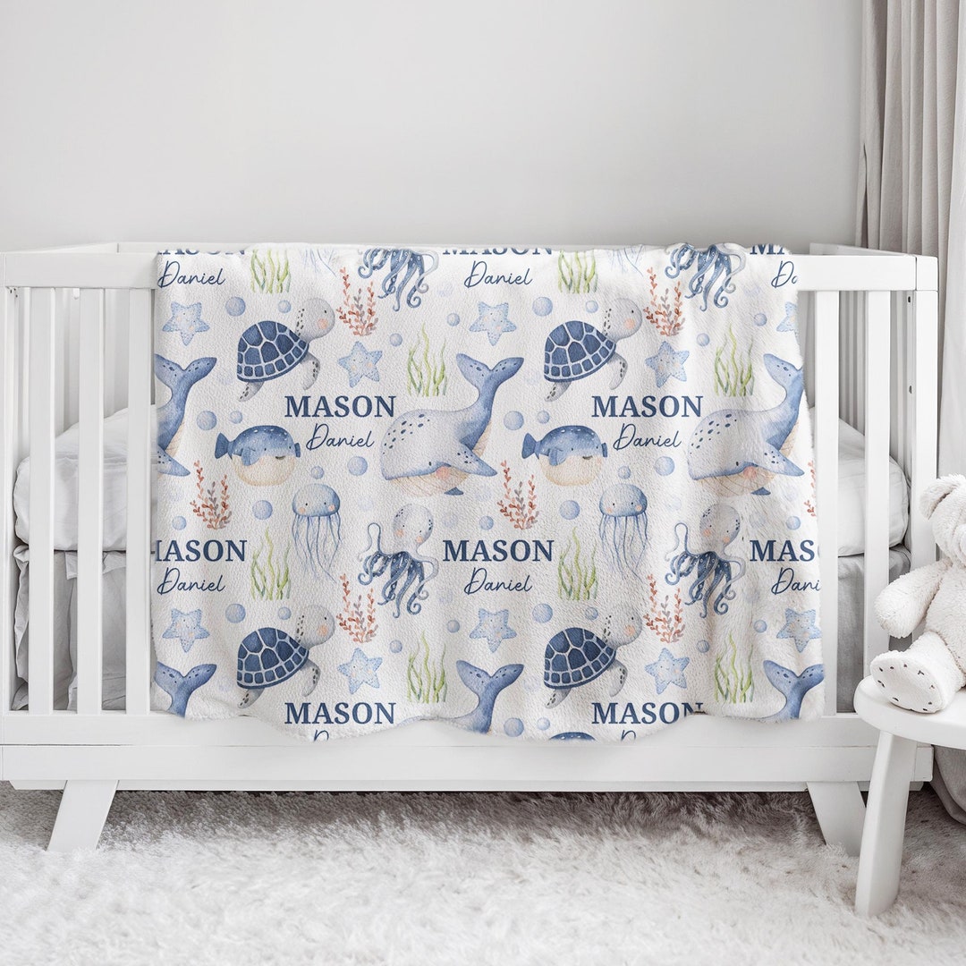 Custom Turtle Nursery Baby Name Blanket, Personalized Octopus Swaddle ...
