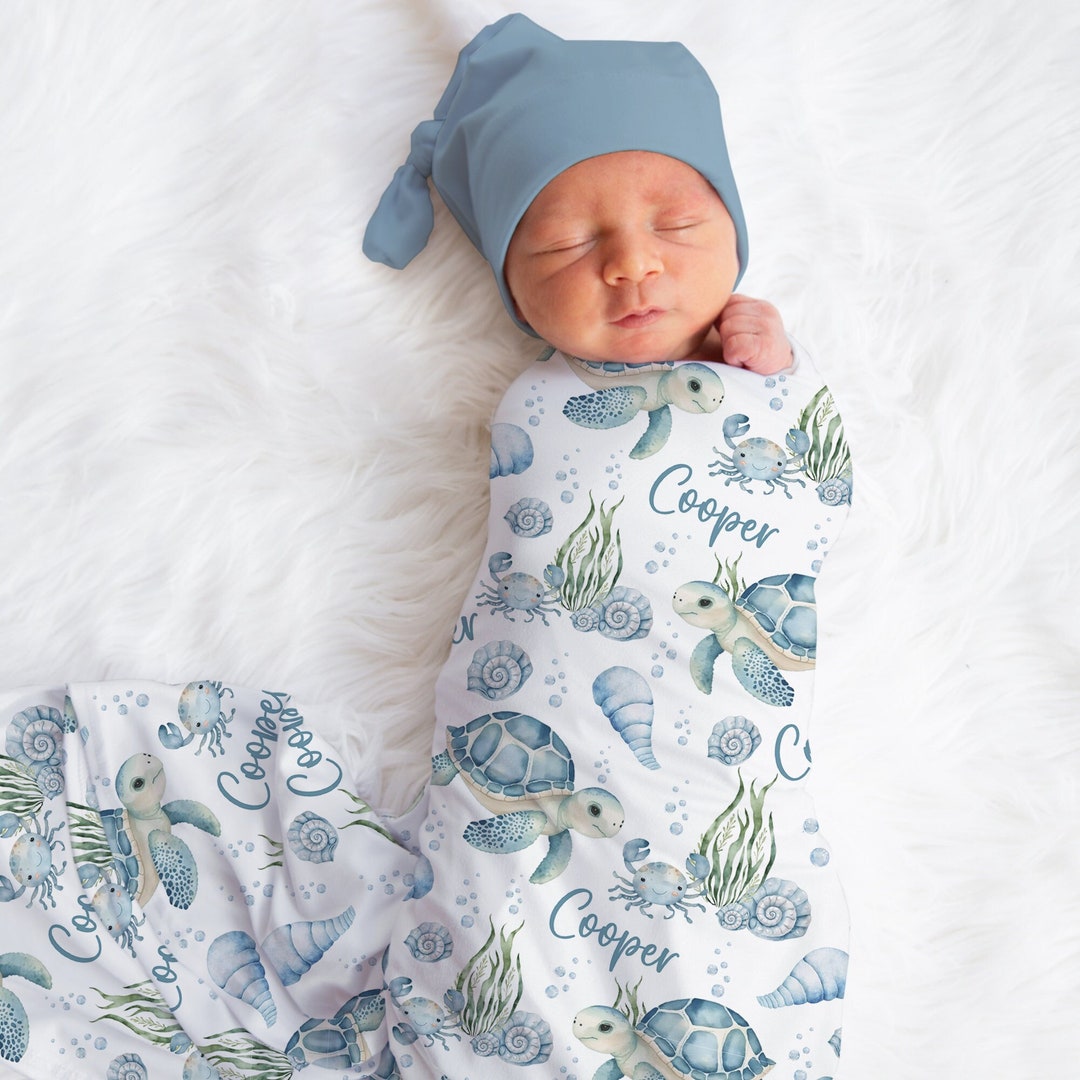 Personalized Turtle Swaddle Blanket Ocean Name Baby Blanket Newborn ...