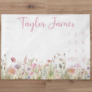 Pink Wildflowers Milestone Blanket Personalized Baby Girl Month Blanket Floral Meadow Nursery Custom Newborn Gift New Mom Baby Shower Gift