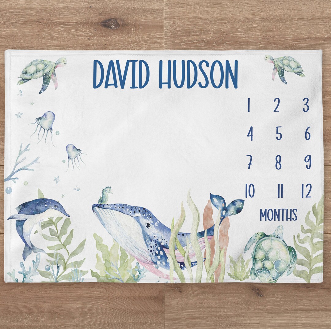 Baby Boy Ocean Milestone Blanket, Under the Sea Baby Name Blanket ...