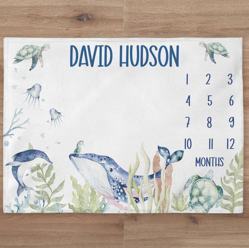 Baby Boy Ocean Milestone Blanket, Under the Sea Baby Name Blanket ...