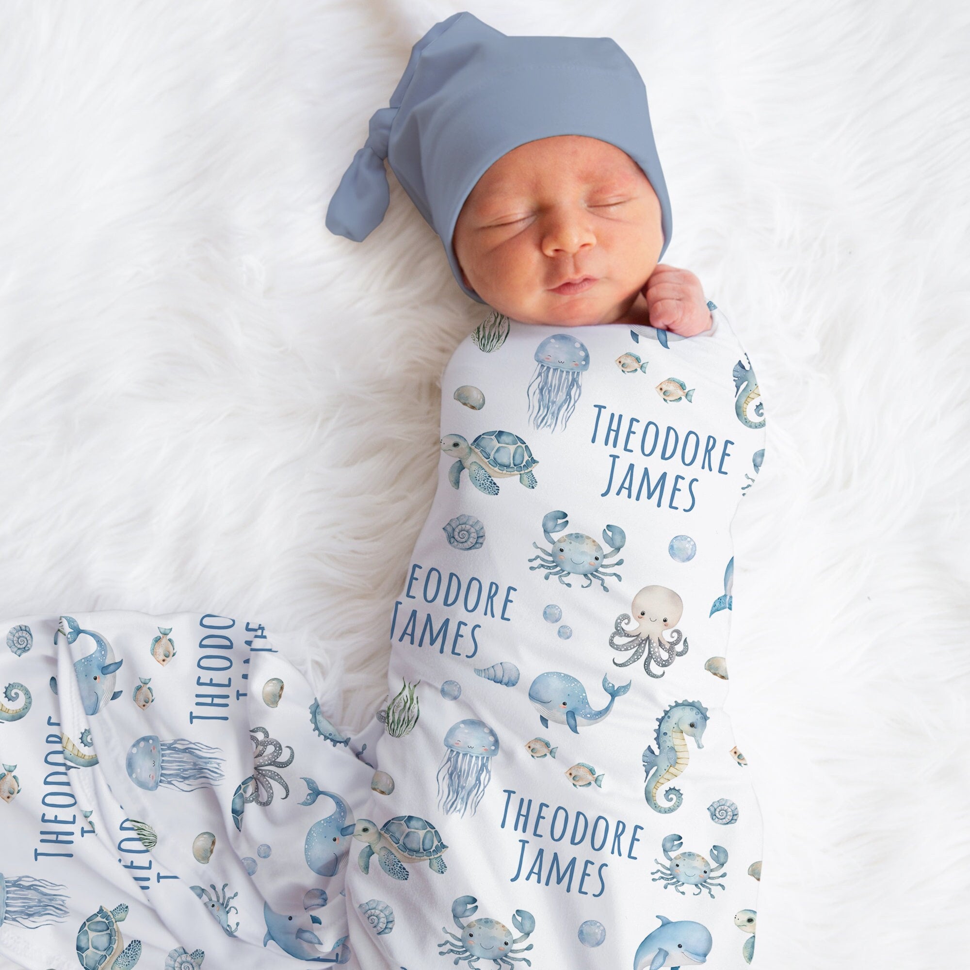Personalized Ocean Swaddle Blanket Sea Animals Name Baby Blanket ...