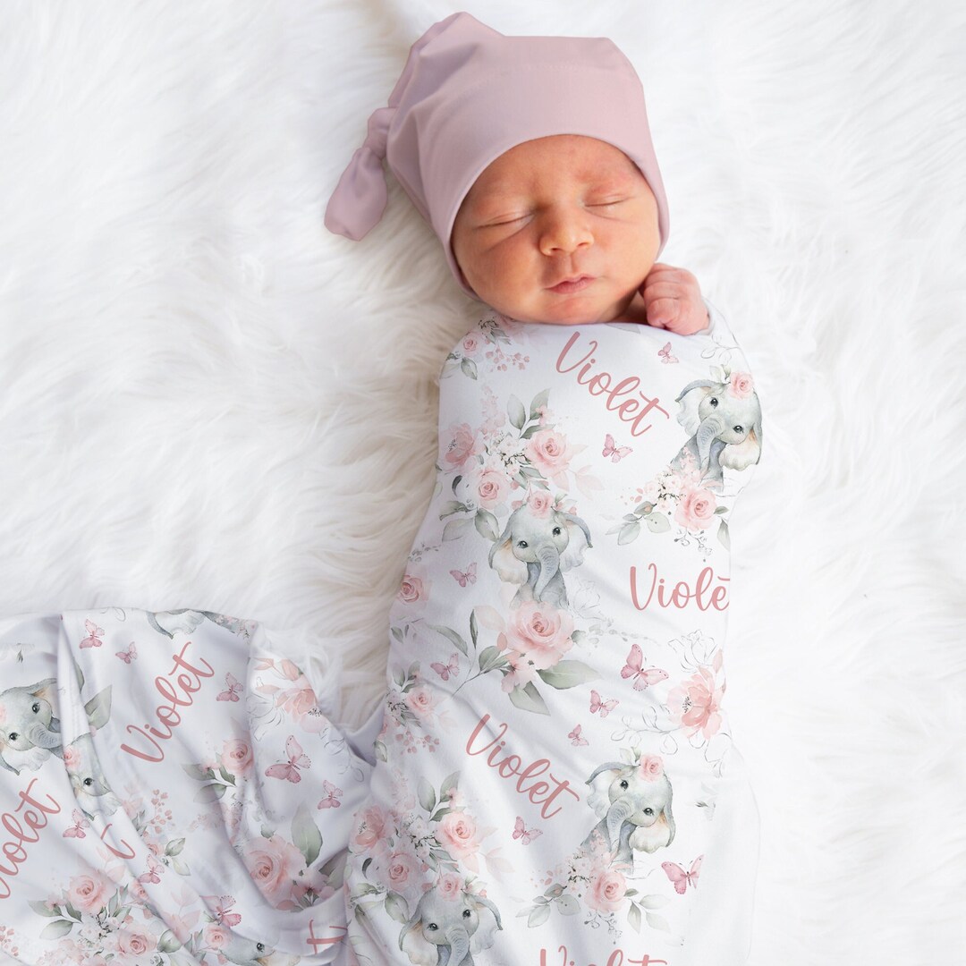 Custom Elephant Swaddle, Personalized Baby Gift, Pink Flowers Baby Name